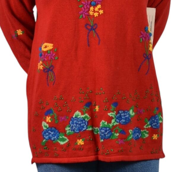 Vintage Birch Bros Eagles Eye Embroidery Sweater Red Floral Bouquet Medium Large - Picture 12 of 14